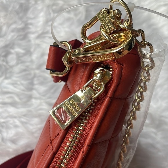 Brand New Steve Madden Quilted Stitch Orange Zip Crossbody Purse Gold Tone Chain - Picture 10 of 15